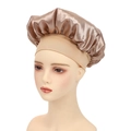 Champagne satin hair bonnet with wide elastic band for hair care and sleep protection - Khaki