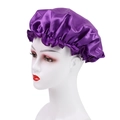 Dark purple satin sleep cap for hair care with delicate lace trim and elastic band - One Size / Dark Purple