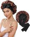 Double-layered satin sleep cap in brown and black with adjustable long ribbons - Adjustable / Black+Coffee