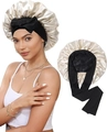 Double-layer satin hair bonnet in champagne gold and black with adjustable ribbon bow - Adjustable / Pearl White + Black
