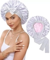Silver satin sleep bonnet with pink lining and adjustable bow tie for hair care - Adjustable / White Gray + Light Pink