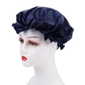 Dark blue satin sleep cap for women featuring delicate ruffle edges and elastic hair protection - One Size / Navy Blue