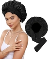 Double-layer black satin hair bonnet for women with adjustable long ribbon ties - Adjustable / Black + Black