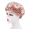 Pink satin hair bonnet with elastic ruffle trim for sleeping and beauty care - One Size / Khaki