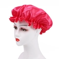 Deep pink satin sleep bonnet with elastic ruffled edge shown on mannequin head - One Size / Rose Red