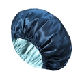 Dual-layer satin sleep bonnet in navy blue and silver with elastic band for hair care - Navy Blue and Sky Blue