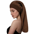 Bonnet de nuit long en satin marron avec large bande élastique pour cheveux frisés - Café