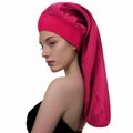 Bonnet de nuit long en satin rose foncé avec large bande élastique pour cheveux longs - Rouge Rose