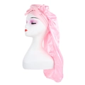 Close-up of pink satin hair bonnet with a long pocket design for long hair protection - Light Pink
