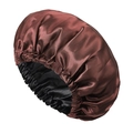 Double-layer satin sleep bonnet in chocolate brown and black with elastic hair protection - Deep Coffee and Black