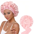 Gorro de dormir de satén rosa con lazo elegante y detalles plisados para el cabello - Estilo Rosa Rosa