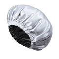 Silver satin hair bonnet with wide elastic band and black lining for sleep - Off White and Black