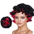 Gorro de dormir de satén de doble capa en negro y rojo rosa con ajuste elástico cómodo - Negro y Rosa Rojo