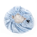 Light blue satin hair bonnet with champagne lining and adjustable buckle for hair care - One Size / Light Blue