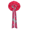 Detail of rose pink satin hair bonnet featuring elegant black floral print on ties - Rose Red