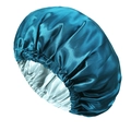 Peacock blue satin sleep cap with silver-grey lining and elastic hair protection band - Peacock Blue and Sky Blue
