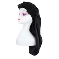 Black long satin hair bonnet for sleeping featuring a bow-knot and smooth silk finish - Black