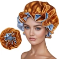 Adjustable dual-layer satin sleep bonnet in bronze and light blue silk-like fabric - Gold with Light Blue