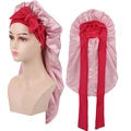 Bonnet de nuit long en satin rose avec large bande et ruban pour cheveux bouclés - Double Couche Rose Clair et Rose Vif