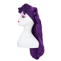 Long purple satin hair bonnet with bow for sleeping, displayed on a mannequin head - Purple