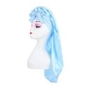 Light blue satin sleep cap with long ribbon bow for hair care on a mannequin head - Sky Blue