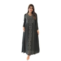 Detail of V-neck neckline with ethnic embroidery and rhinestones on emerald green maxi dress - S / Dark Green