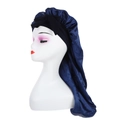 Long navy blue satin sleep cap with bow for curly hair protection and hair care - Navy Blue
