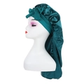 Dark green long satin sleep bonnet with a decorative bow for hair protection - Peacock Blue