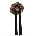 Satin leopard print hair bonnet with long black ties for adjustable head protection - Leopard Print