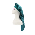 Deep teal satin long hair bonnet with wide elastic band for curly hair protection - Peacock Blue