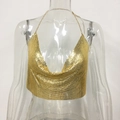 Haut court dos nu en maille métallique dorée avec col en V profond et paillettes - Or Style Mini 17cm