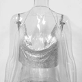 Top dos nu sexy en maille métallique argentée avec paillettes et fines chaînes - Argent Style Mini 17cm