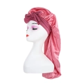 Pink satin long sleep cap with ribbon bow for hair care protection on a white stand - Dusty Pink