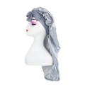 Silver-grey satin bonnet for long hair featuring a large front bow on a display head - Gray