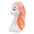Apricot pink satin long hair sleep bonnet with decorative ribbon for hair protection - Champagne