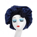 Navy blue satin hair bonnet with oversized bow for sleeping and hair care protection - Navy Blue