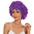Cuffia da notte in raso viola con fiocco regolabile per la cura e protezione dei capelli - Viola scuro