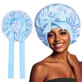 Sky blue satin sleep bonnet with wide ribbon bow and silky texture for hair care - Elastic Style / Lake Blue (YZ-DSMSJ)
