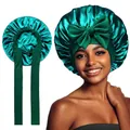 Green satin sleep cap with large bow and ribbons, silky wide-brimmed hair bonnet wrap - Elastic Style / Dark Green (YZ-DSMSJ)