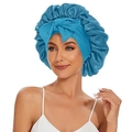 Lake blue silk satin sleep bonnet with wide band and large decorative front bow - Lake Blue