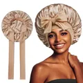 Champagne gold satin sleep bonnet with adjustable wide straps and large decorative bow - Elastic Style / Khaki (YZ-DSMSJ)