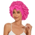 Hot pink satin sleep cap with large bow and elastic band for hair protection - Rose Red