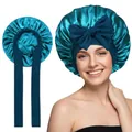 Peacock blue satin hair bonnet with wide elastic band and long ribbon bow for hair protection - Elastic Style / Peacock Blue (YZ-DSMSJ)