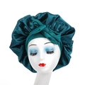 Elastic teal satin hair bonnet with oversized bow and ruched edges for hair care - Malachite green