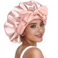 Pink satin hair bonnet with large decorative bow and elastic band for hair care - Rose Pink