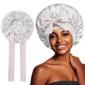 White silk satin sleep bonnet with a large decorative bow and adjustable ribbon straps - Elastic Style / Off White (YZ-DSMSJ)