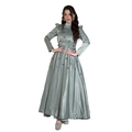 Close-up of intricate floral embroidery and 3D applique on sage green satin dress - S / Green