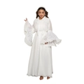 Close-up of white abaya dress featuring elegant lace patchwork and pleated flared sleeves - S / White