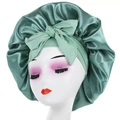 Cuffia da notte in raso verde menta con fiocco elastico per la cura dei capelli ricci - Taglia unica / Verde Erba a Strato Singolo