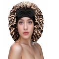Brown leopard print satin hair bonnet with a large black decorative bow for hair care - Leopard Print